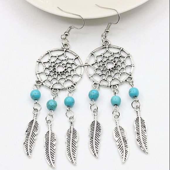 Other - **NEW Gorgeous Dream Catcher Blue Accents Leaves Feathers Native Silver Earrings